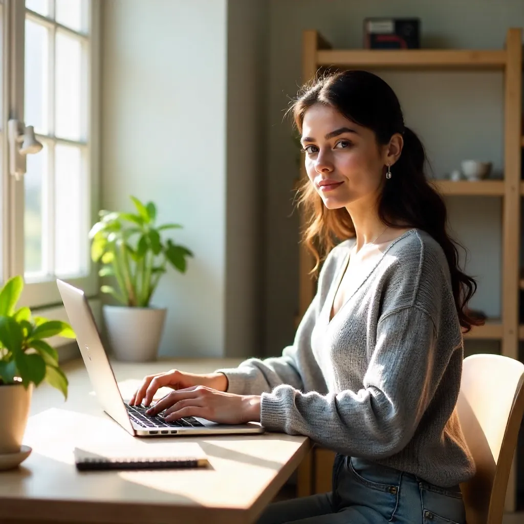 Bright Home Office: Focused Woman on Laptop