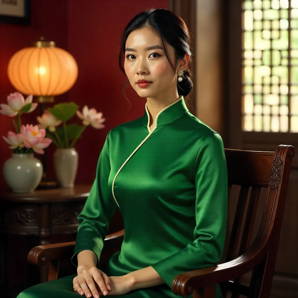 Green Ao Dai Portrait: Vietnamese Heritage Indoors