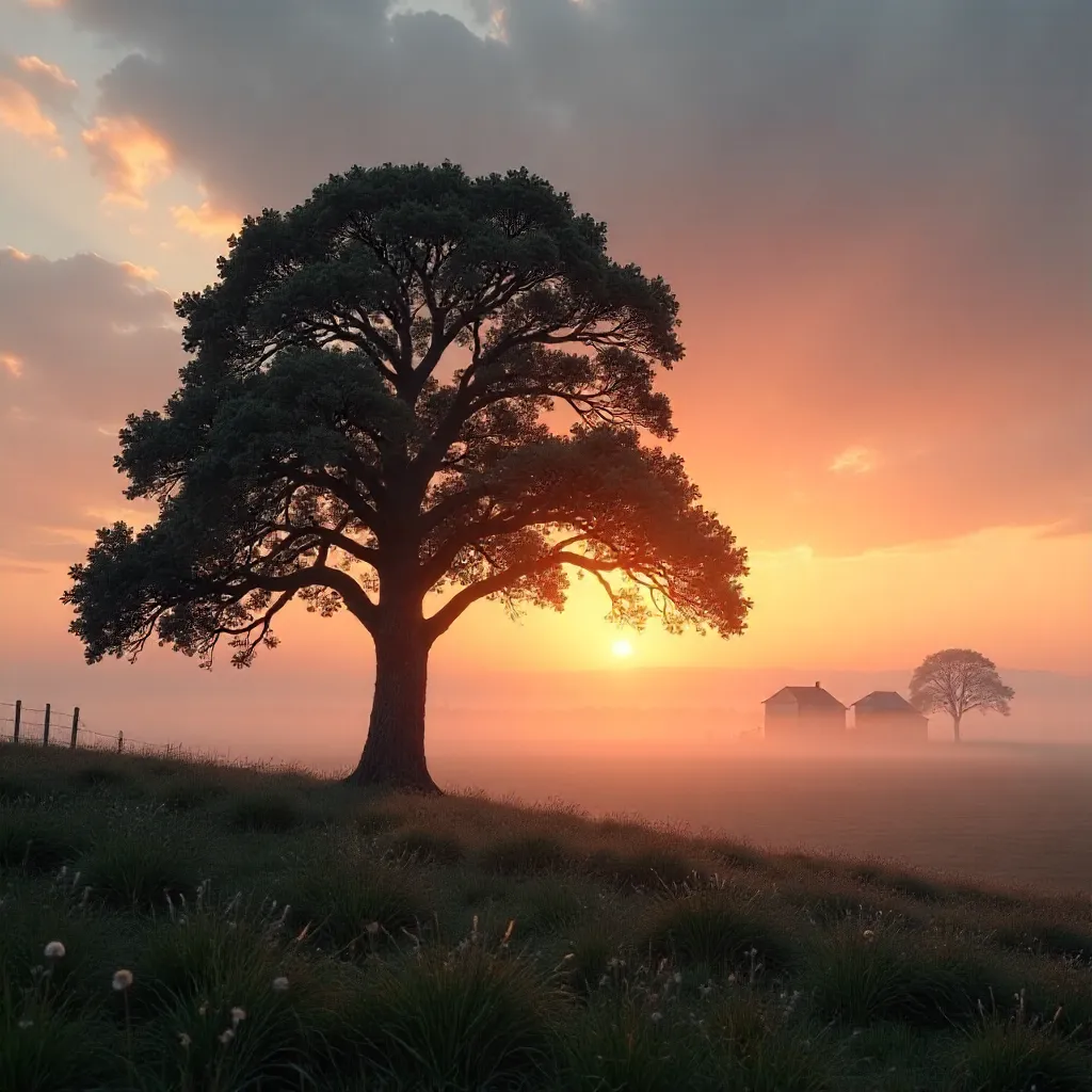 Oak Silhouette Over a Foggy Estonian Sunset