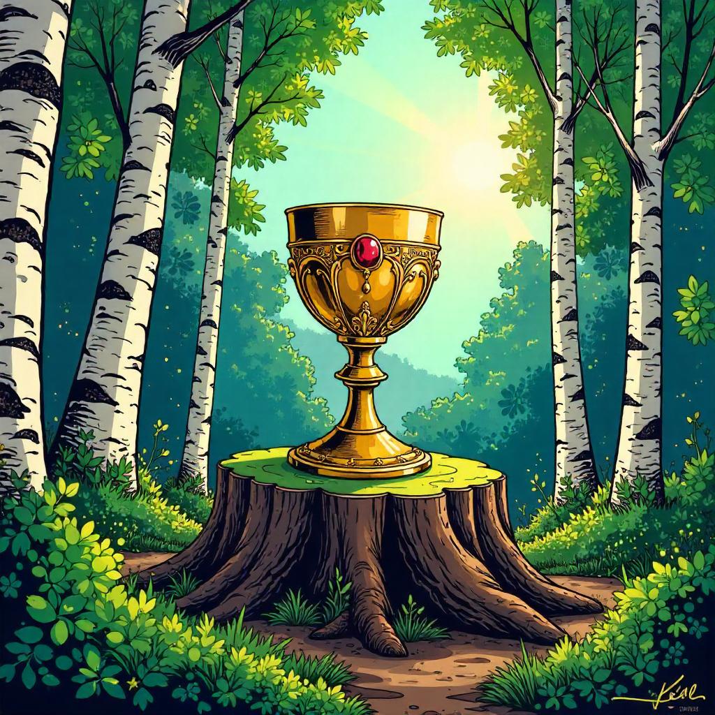 Golden Chalice in a Birch Forest — Comic Style