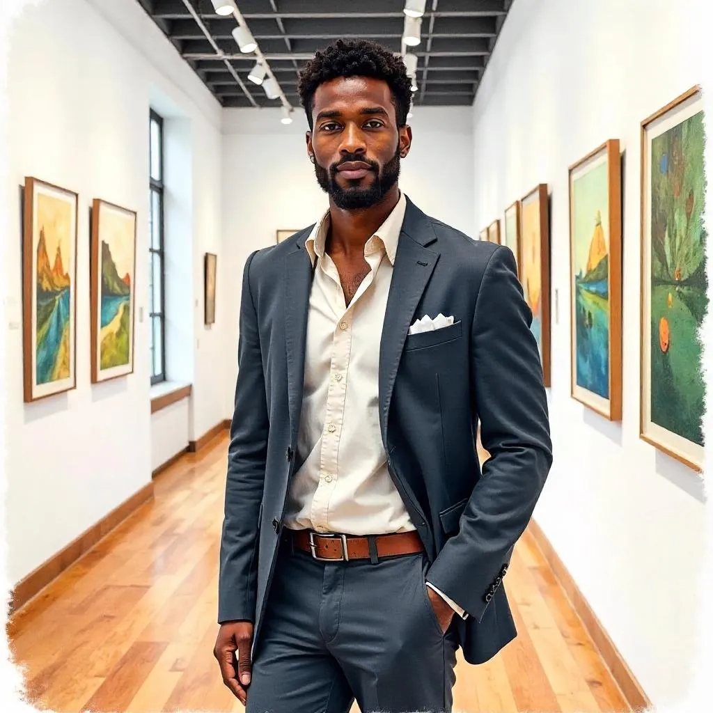 Watercolor Portrait of a Handsome Black Man in an Art Gallery