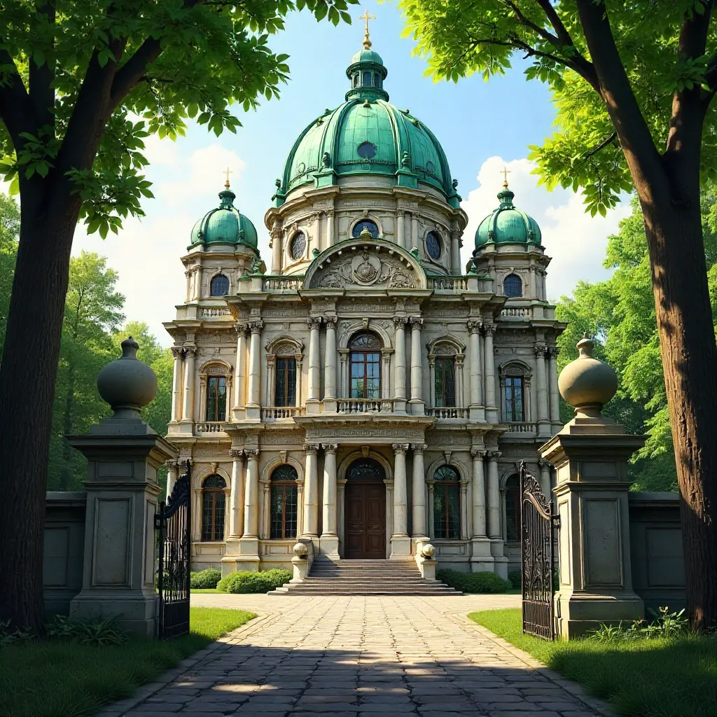 Green-Domed Classic Building in a Tree-Lined Park