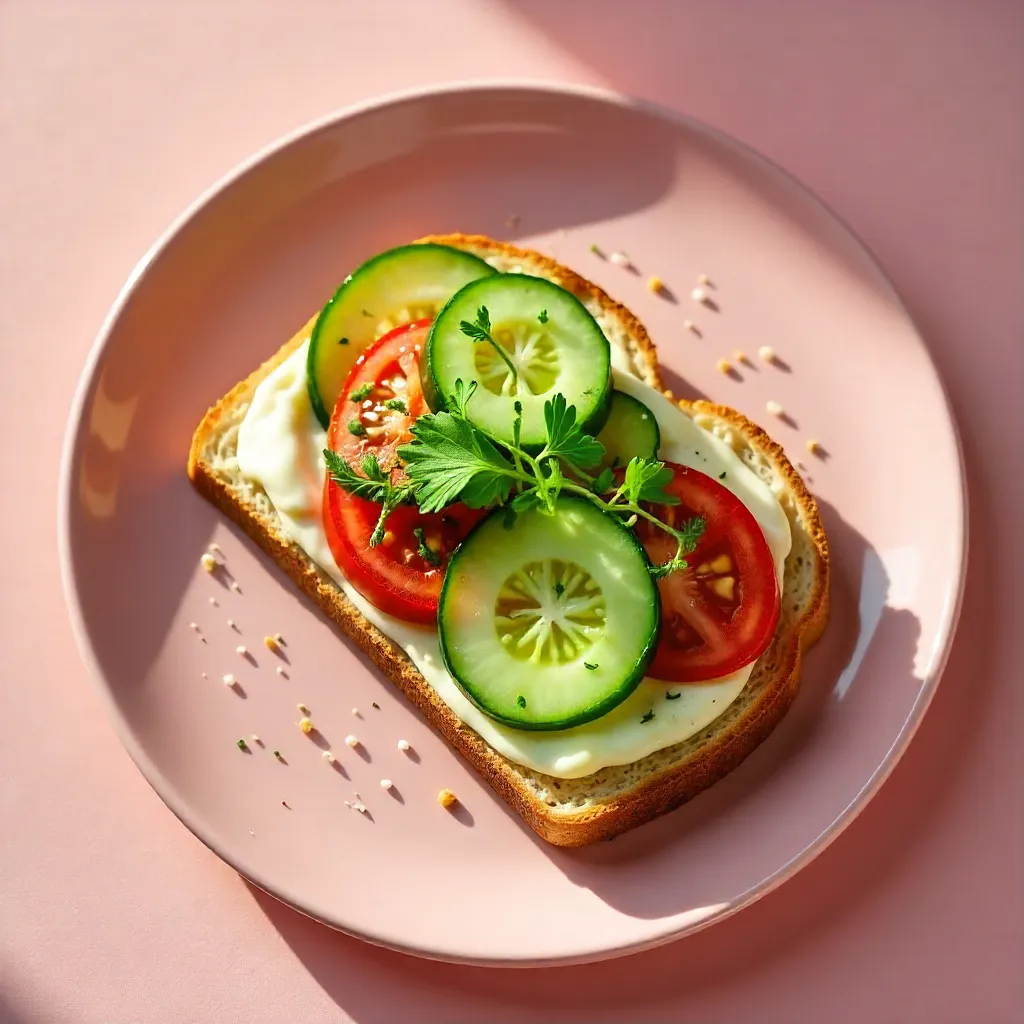 Pink Plate Open Sandwich with Fresh Veggies and Creamy Cheese