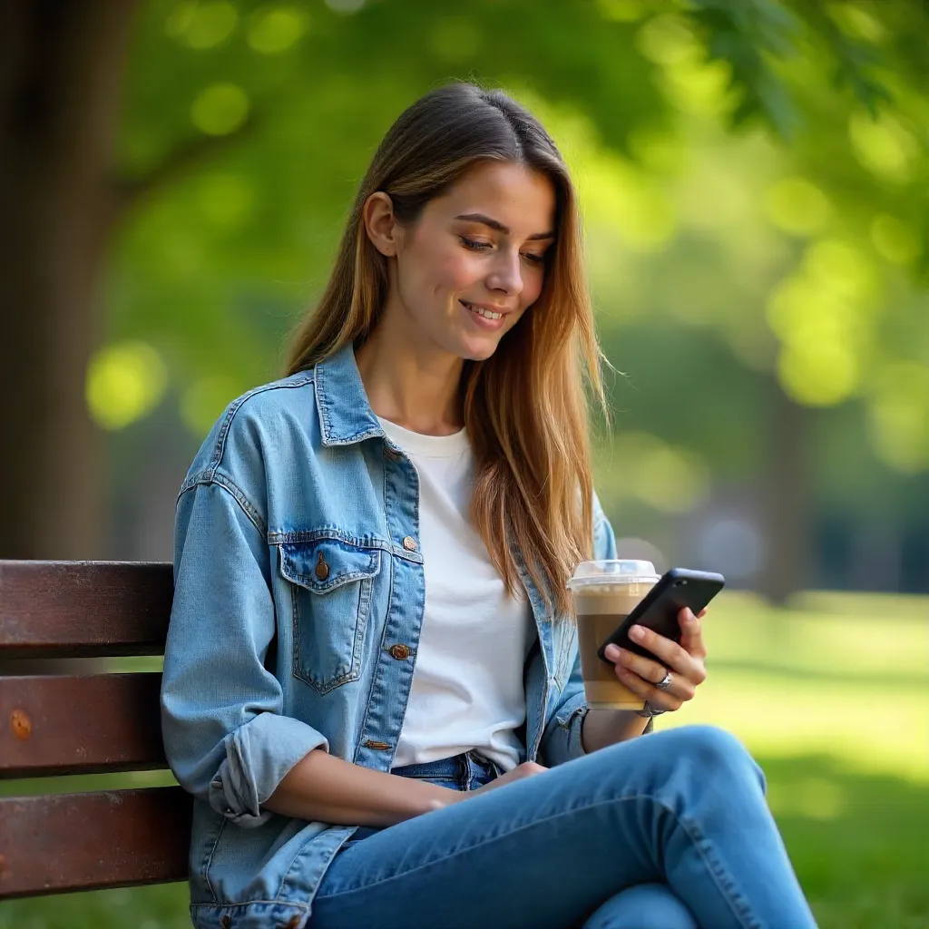 Relaxed Young Adult Outdoors With Phone And Beverage