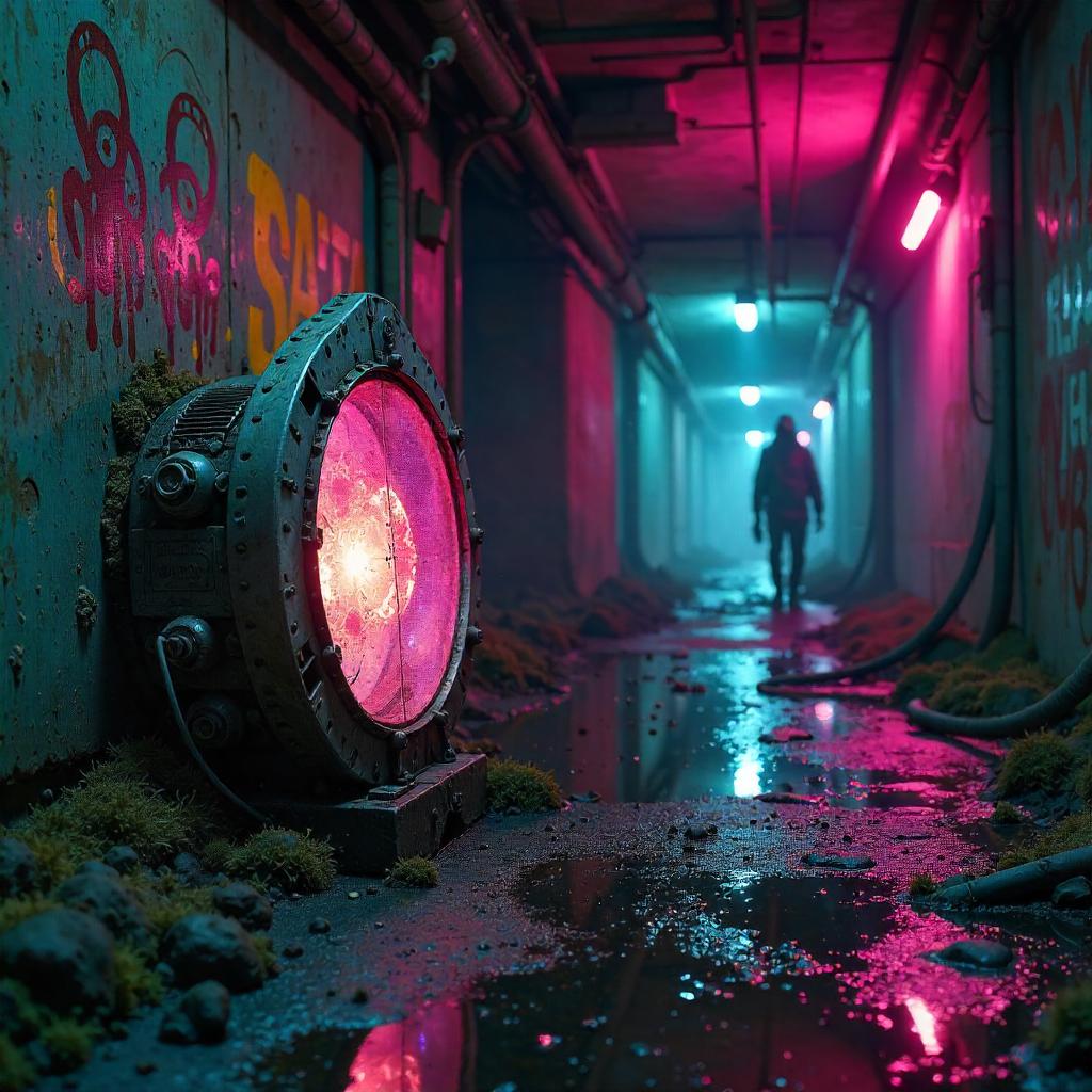 Neon Artifact in Cyberpunk Underground Tunnels