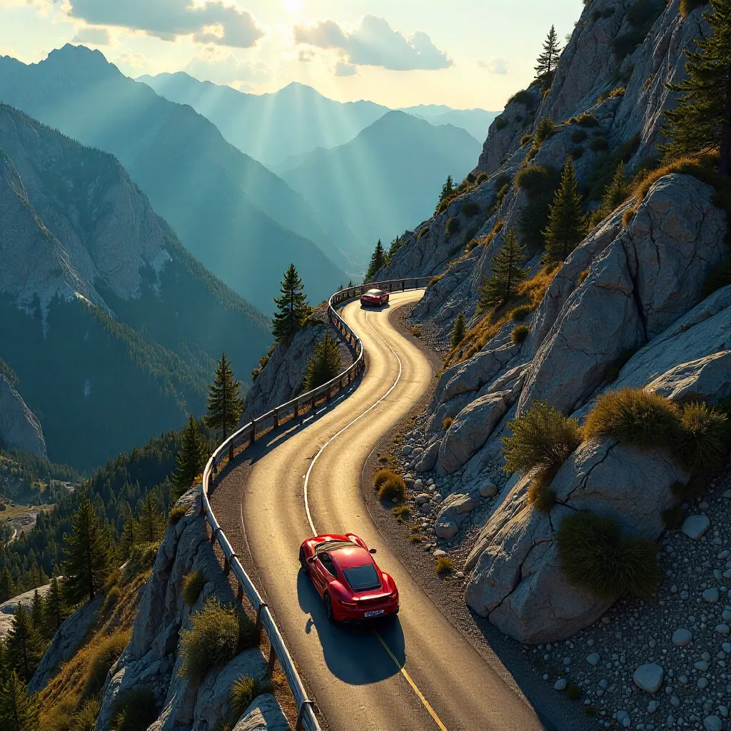 Aerial Red Cars on a Winding Mountain Road
