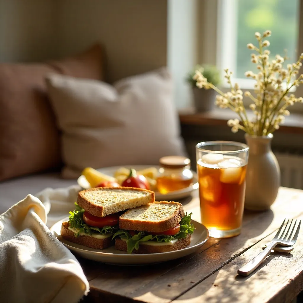 Cozy Indoor Brunch: Sandwiches and Iced Coffee