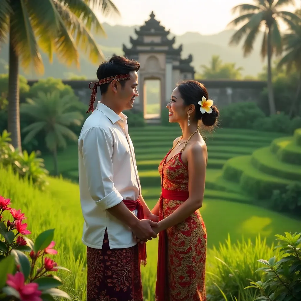 Balinese Couple in Traditional Attire Amid Lush Landscape