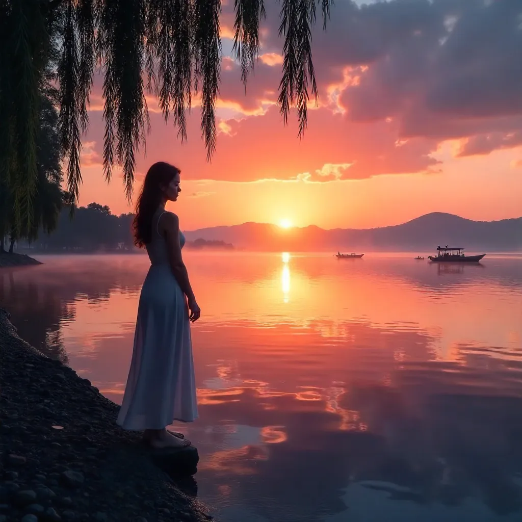 Silhouette by West Lake at a Tranquil Sunset