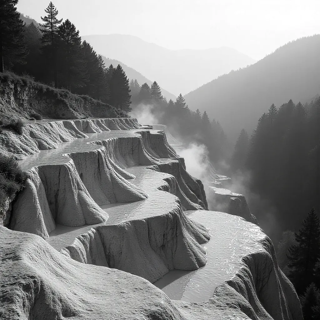 Monochrome Mist Over Bolu Travertine Terraces