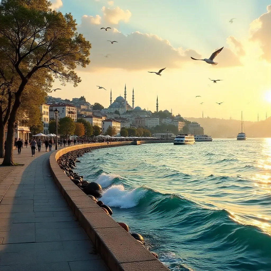 Serene Bosphorus Cityscape with Seagulls Over Istanbul