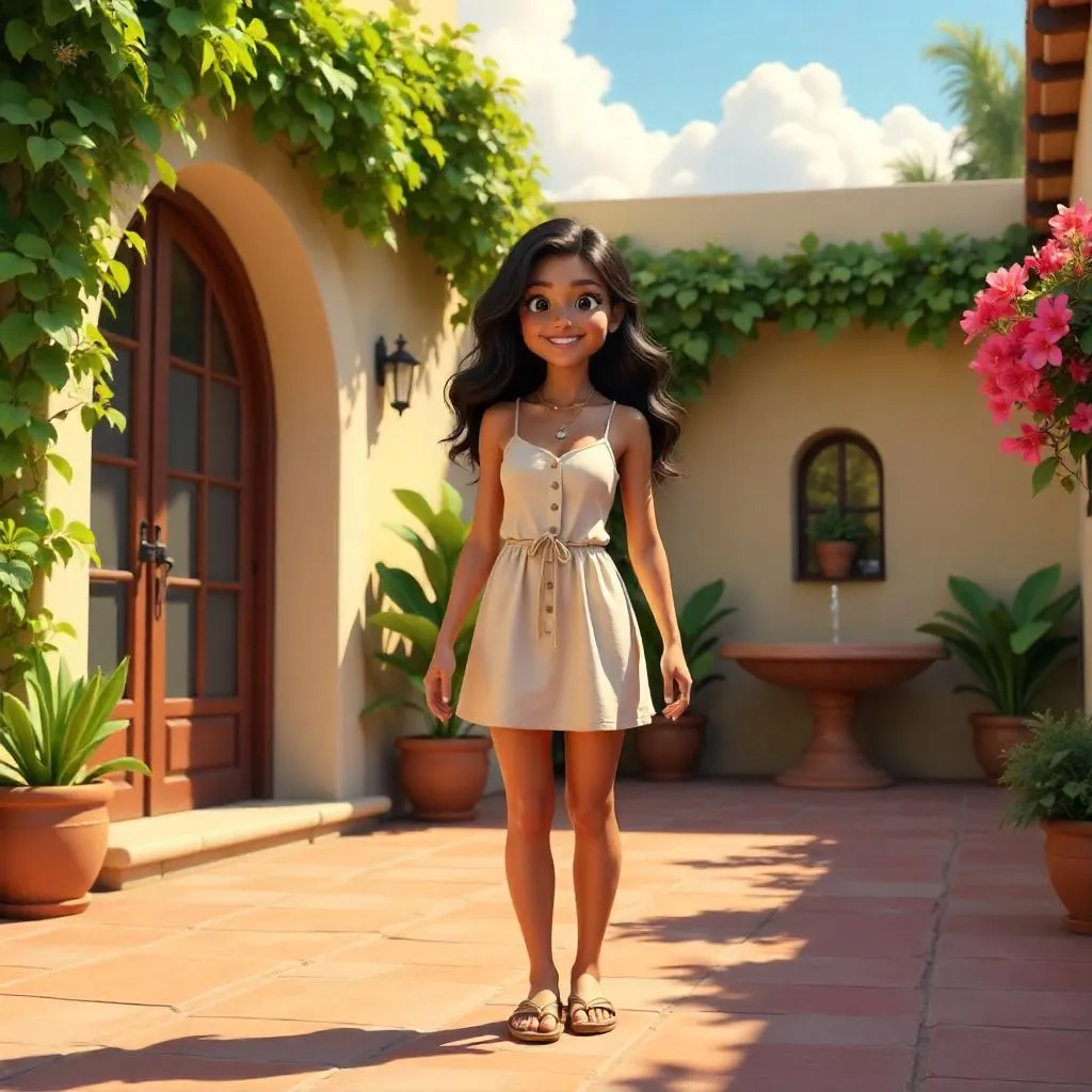 Cheerful Latina in a Sunny Courtyard 3D Render