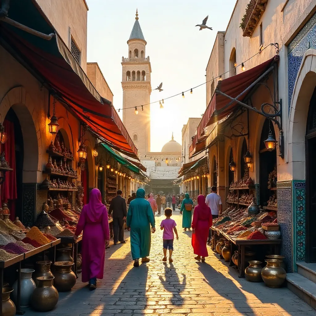Vibrant Medina Market Under a Majestic Minaret