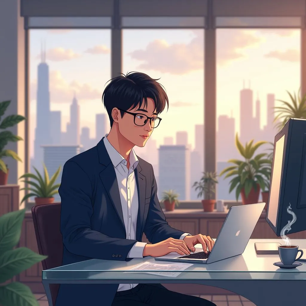 Anime Professional Asian Man in a Coworking Space