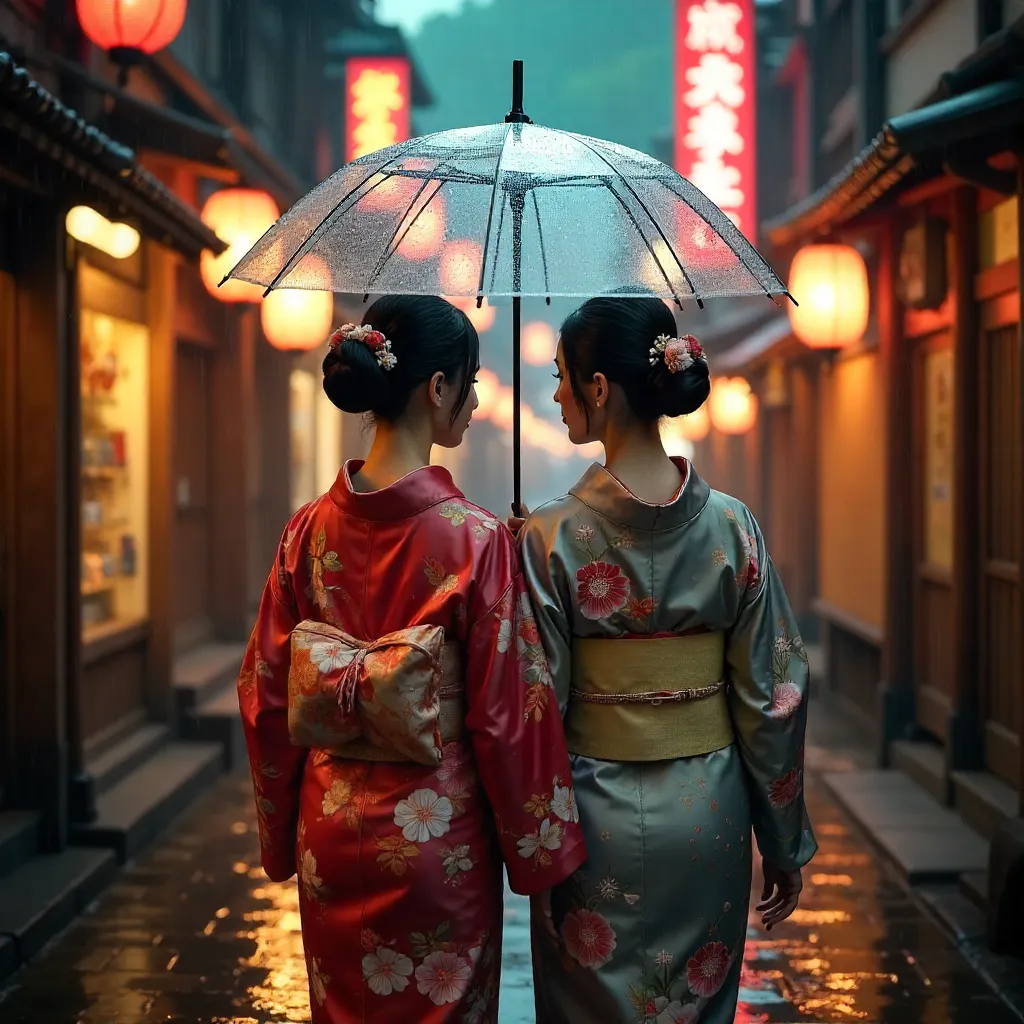 Two Women in Kimonos Under a Clear Umbrella in Kyoto