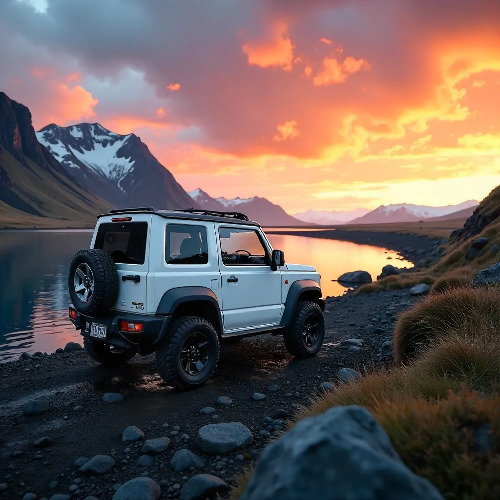 White Suzuki Jimny at Icelandic Sunset by River