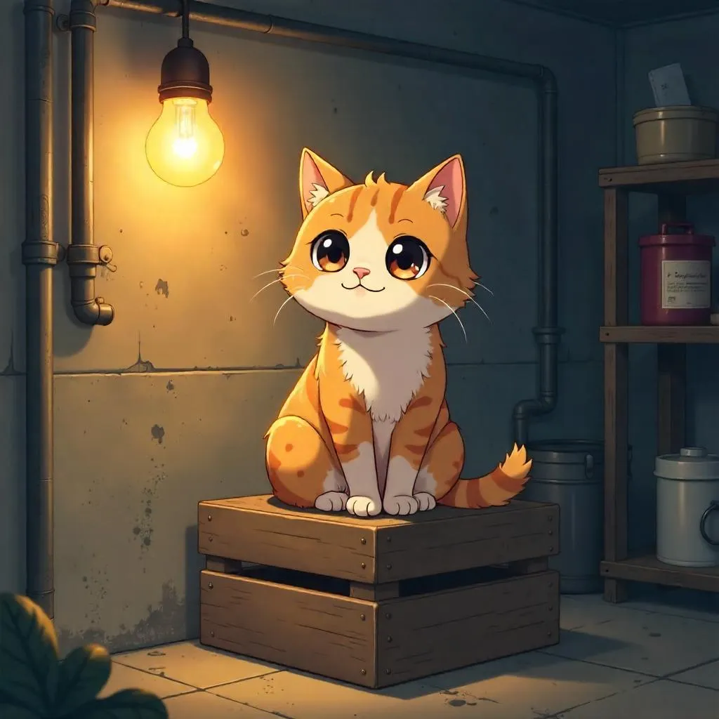 Basement Anime Cat in Dim Lighting