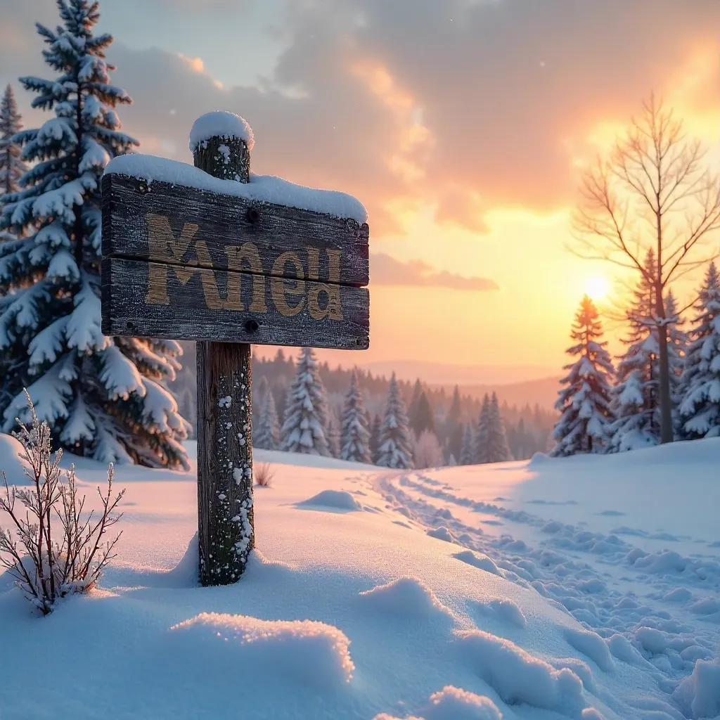 Snow-Covered Signpost at Sunset in Winter