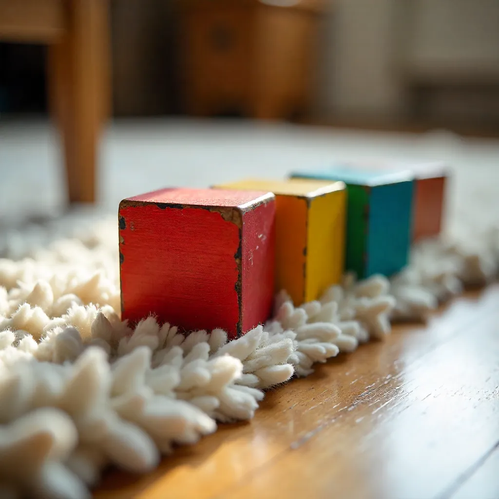 Close-Up: Colorful Wooden Blocks on Carpet and Wood Floor