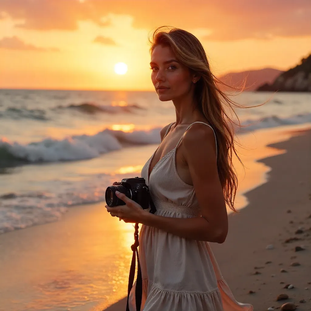 Sunset Portrait: Woman with Flowing Hair and Camera by the Shore