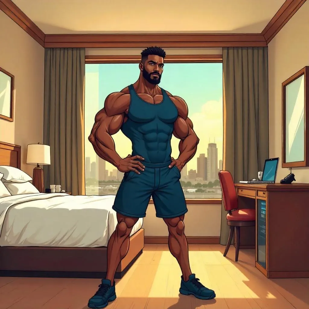 Strong Black Man in a Cartoon Hotel Room – Heroic Pose
