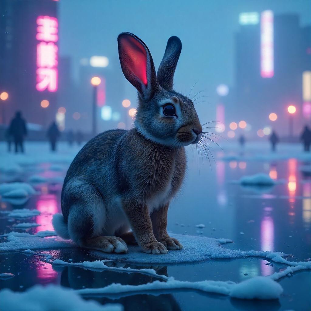 Neon Rabbit on a Frozen Cyber Lake