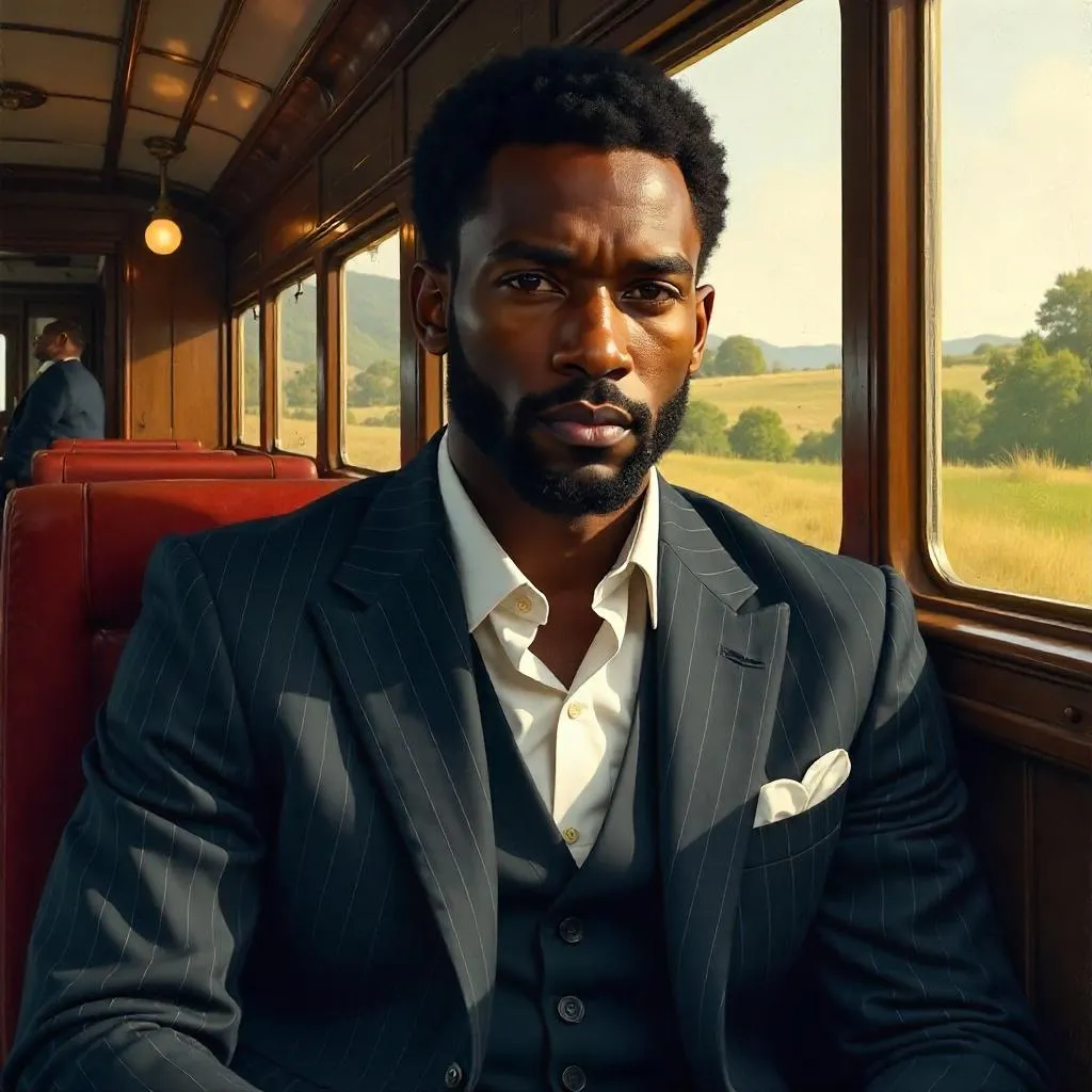 Oil Portrait of a Handsome Black Man on a Train