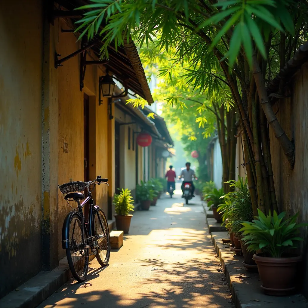 Tranquil Hanoi Alley with Bamboo and Vintage Bicycle