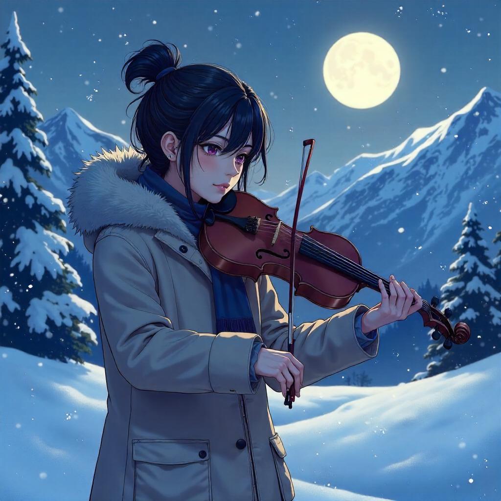 Snowbound Anime Musician in a Winter Landscape