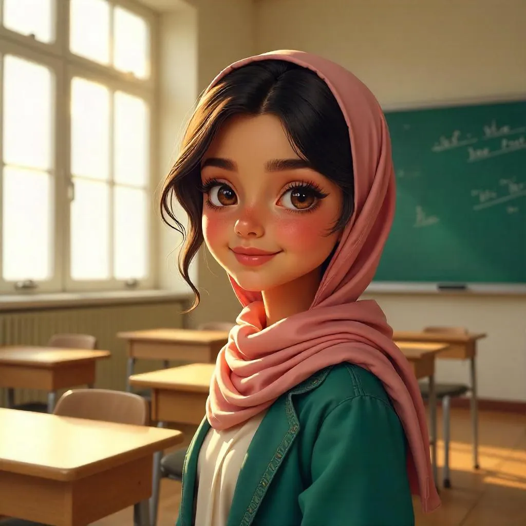 Beautiful Middle Eastern Girl in a Modern Classroom (Digital Art)