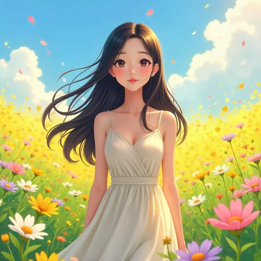 Blooming Breeze: Anime Woman in a Flower Field