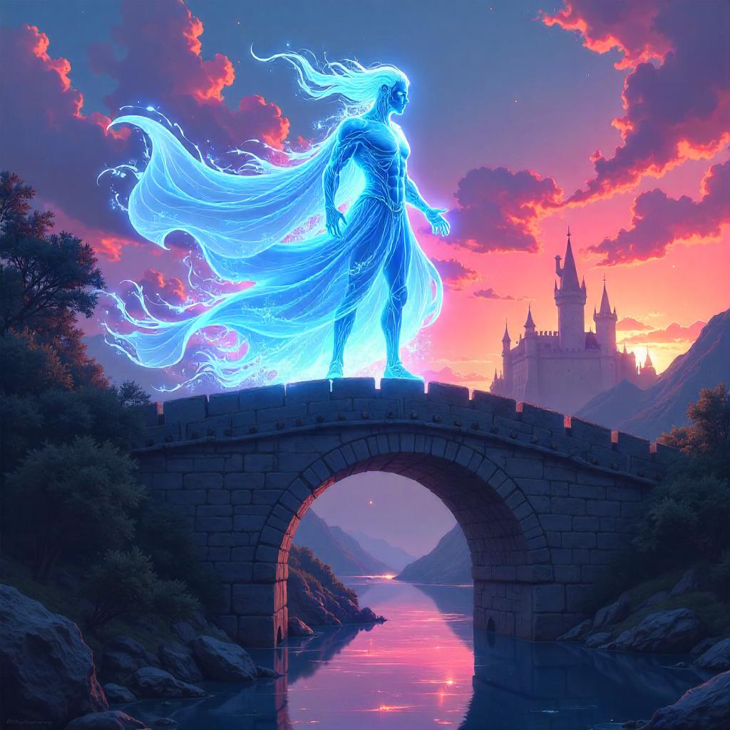 Neon Energy Being on a Rising Medieval Drawbridge