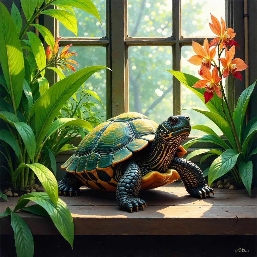 Greenhouse Turtle in Oil Painting
