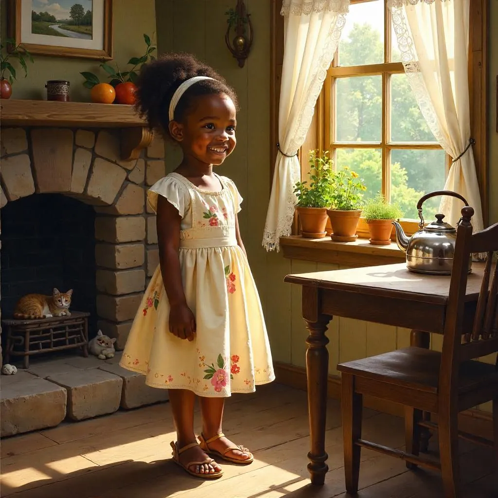 Cheerful Black Girl in a Sunlit Cottage (Oil Painting)