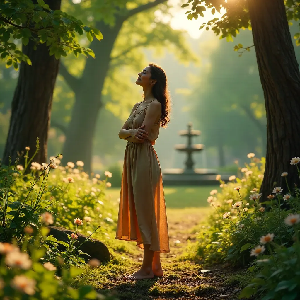 Sunlit Garden Embrace: Woman in Peaceful Nature