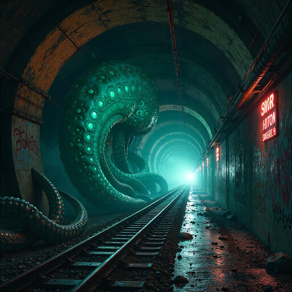 Kraken in the Subway: A Dark Concept Art Scene