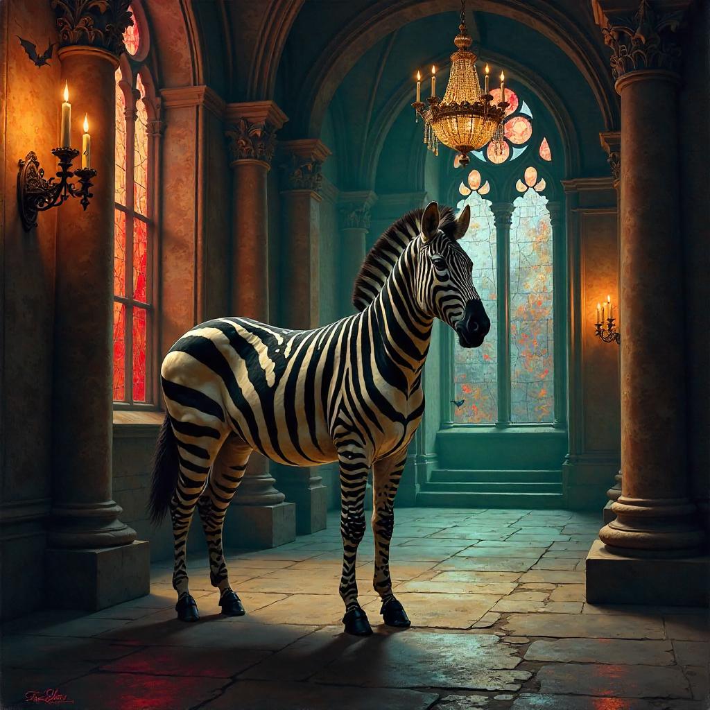 Zebra in a Vampire Castle: An Oil Painting