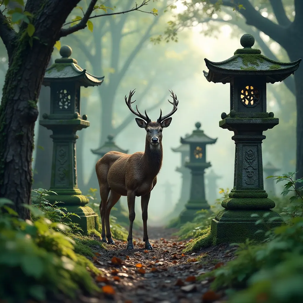Serene Deer Among Moss-Covered Lanterns