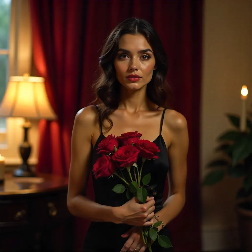Intimate Noir: Black Dress with Red Roses