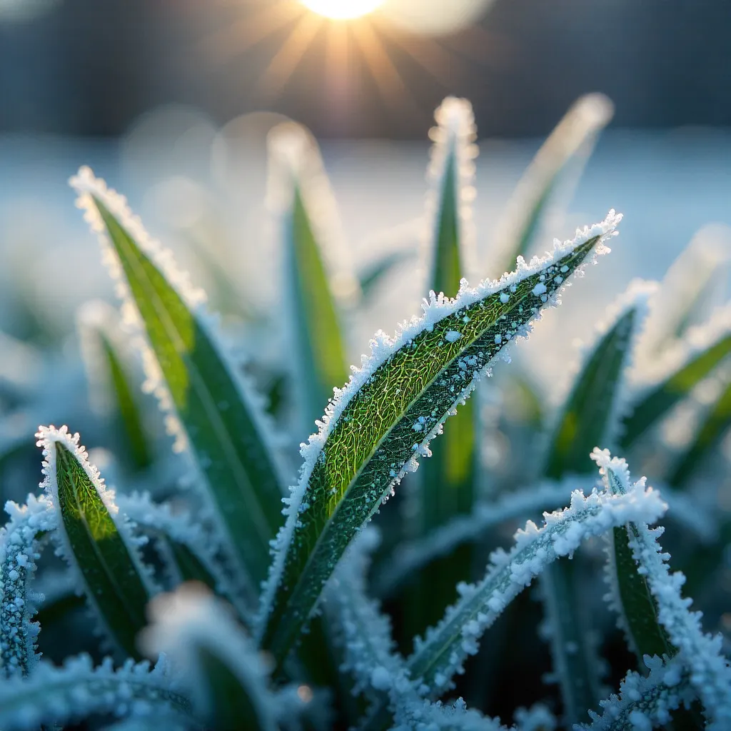 Close-Up Frosted Leaves and Grass in Winter Light