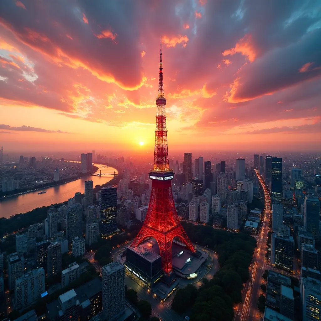 Aerial Sunset Over Tokyo Tower and Neon Cityscape