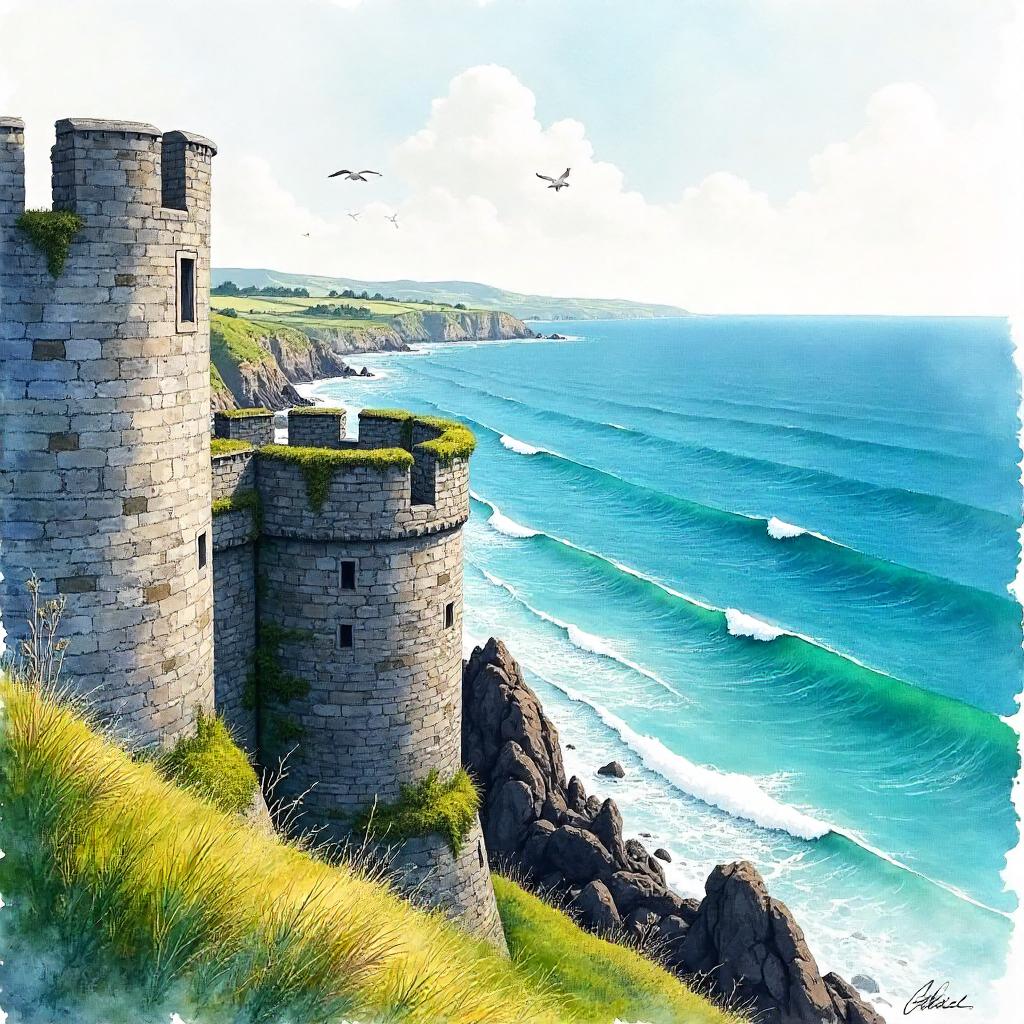 Watercolor Sea View from Castle Battlements