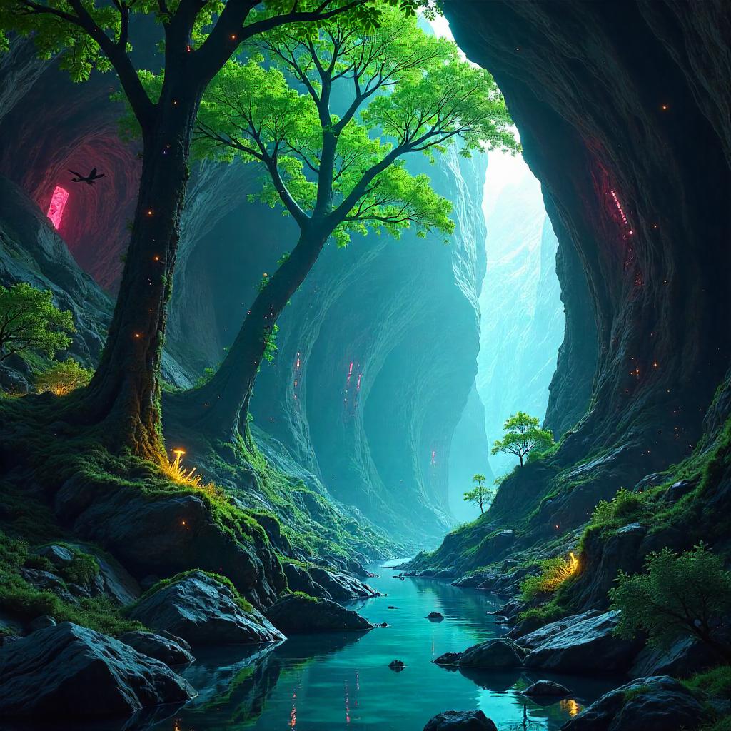 Cyberpunk Forest Inside a Crystal Cave