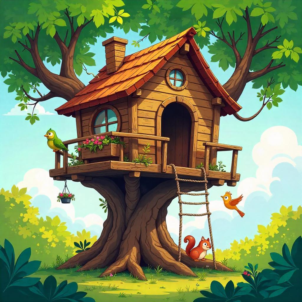 Whimsical Cartoon Treehouse Hut