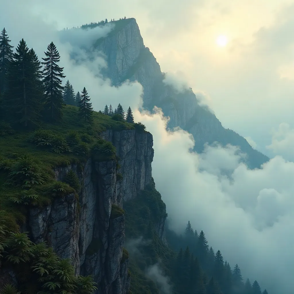 Mist-Shrouded Mountain Slope Amid Encroaching Clouds