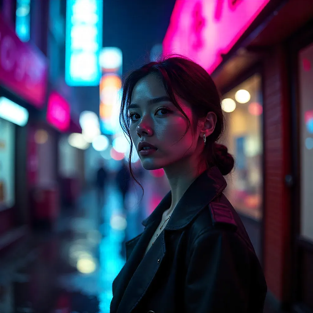 Neon Night Gaze Under Vibrant Lights