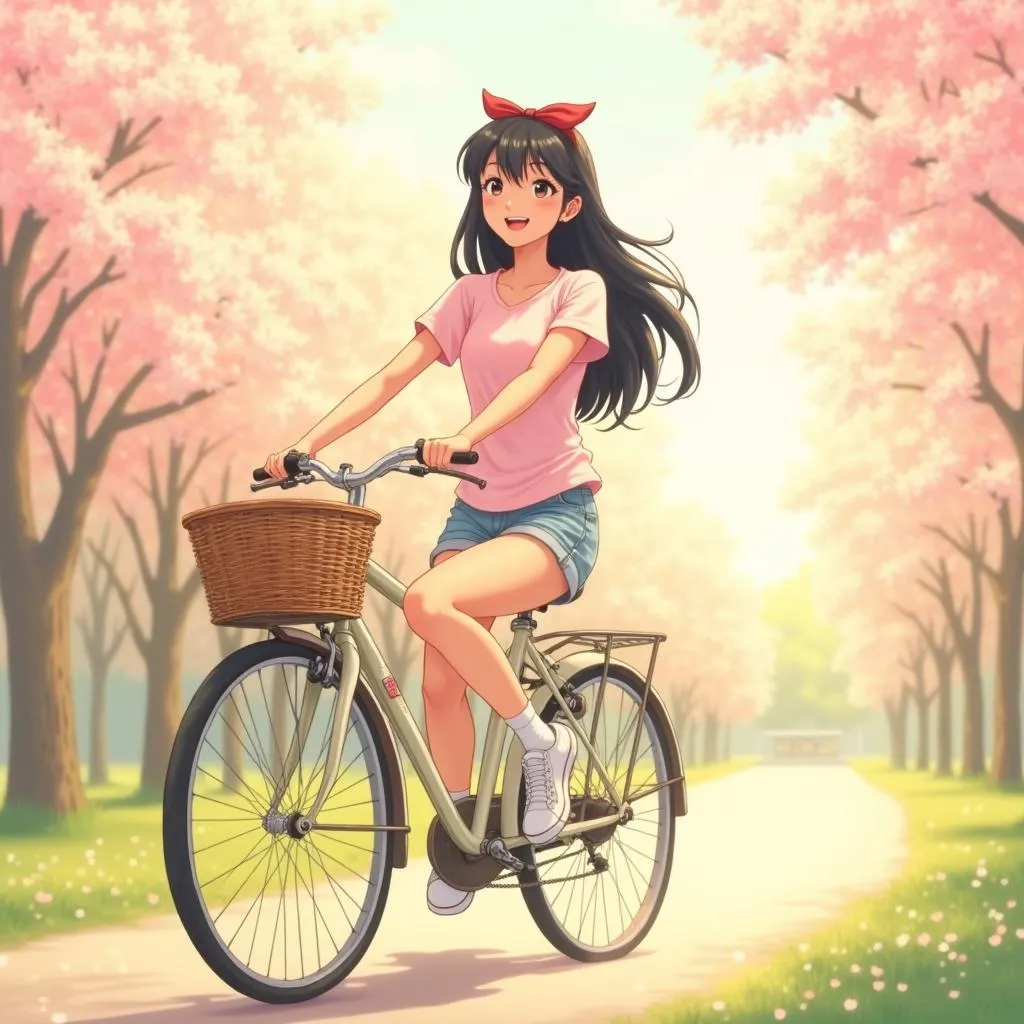 Cheerful Asian Girl on a Bicycle — Anime Style