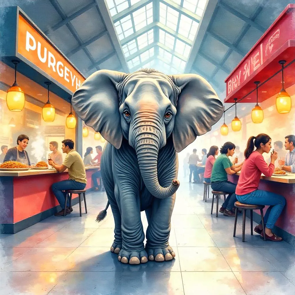 Watercolor Elephant in a Busy Food Court
