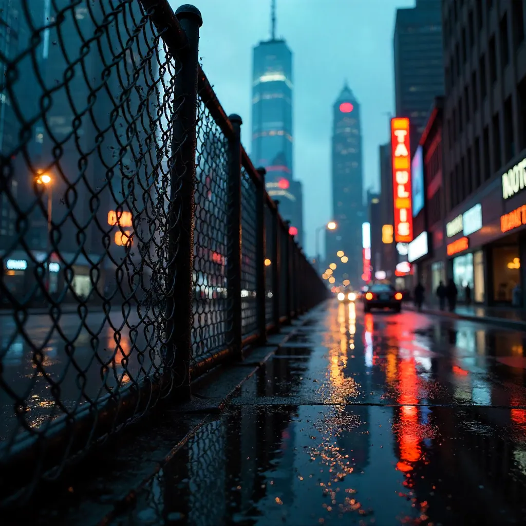 Chain-Link Framed Skyscrapers: Dramatic Urban Street View