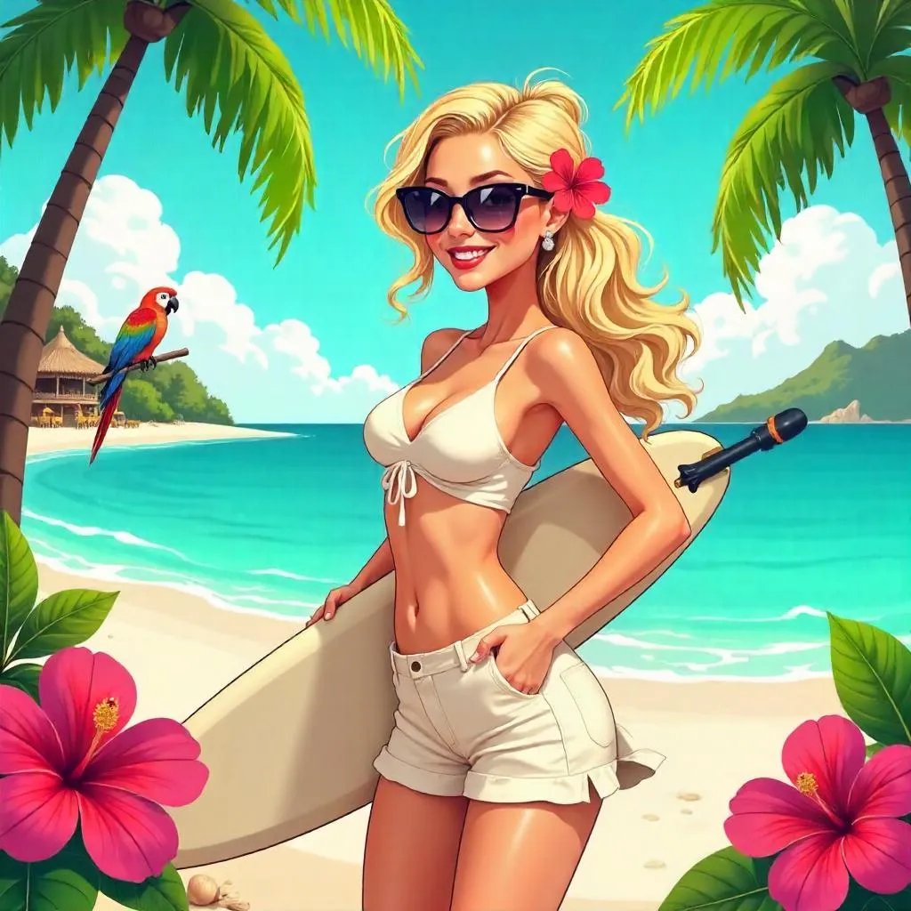 Stylish White Girl in a Cartoon Tropical Paradise